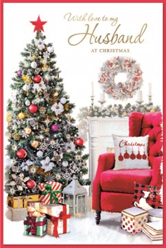 Husband Christmas Card - Xmas Tree Fireplace & Red Chair with Gold Foil 9x6"