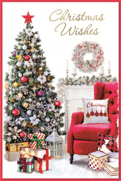 Open Christmas Card - Xmas Tree Red Chair in Living Room Gold Foil 9x6"