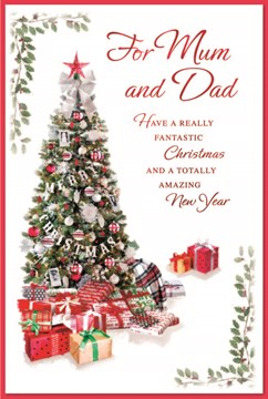 Mum & Dad Christmas Card - Christmas Tree with Gifts and Red Foil 9x6"