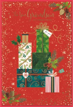 Grandson Christmas Card - Red Background With Gifts & Gold Foil 7.5x5.5"