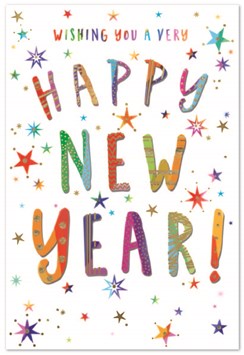 Happy New Year Greetings Card - Multi Coloured Writing Stars & Foil 7.5x5.25"