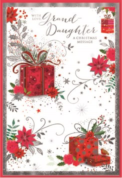 Granddaughter Christmas Card - Gifts and Poinsettia with Silver Foil 7.5x5.25"