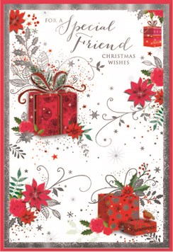 Special Friend Christmas Card - Gifts, Flowers and Silver Foil 7.5x5.25"