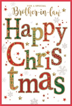 Brother-in-Law Christmas Card - Red Yellow Green Writing with Gold Foil 7.5x5.5"