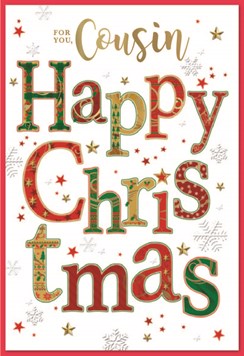 Cousin Christmas Card - Red, Yellow & Green Writing with Gold Foil 7.5x5.5"