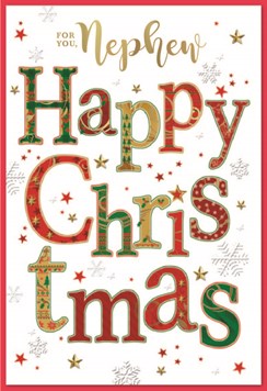 Nephew Christmas Card - Red Yellow & Green Writing with Gold Foil 7.5x5.5"