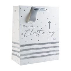 Large Christening Gift Bag White with Silver Foil Cross Unisex Girl Boy 13x10.25