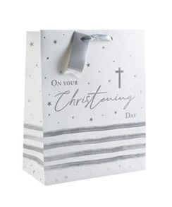 Medium Christening Gift Bag White with Silver Foil Cross Unisex Boy Girl 10x8.5"