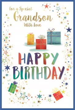 Grandson Birthday Card Multicoloured Writing Presents Stars Gold Foil 7.5x5.25"