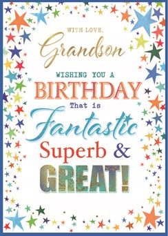 Grandson Birthday Card - Multicoloured Stars with Gold Foil 9.5x7"