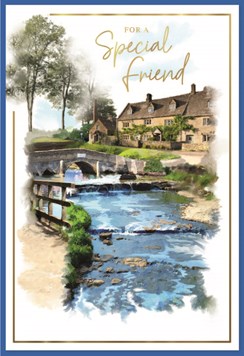 Special Friend Birthday Card - Scenic Bridge Over River with Gold Foil 7.25x5.5