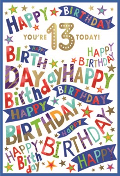 Teenager 13th Boy Birthday Card - Gold Foil 13 Multicolored Writing 7.5x5.25"