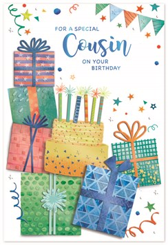 Cousin Birthday Card - Blue Green Orange Foil Stacked Presents Cake 7.5x5.25"