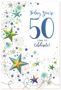 Age 50 Birthday Card - 50th Birthday Blue and Green Foil Stars 7.75x5.25"