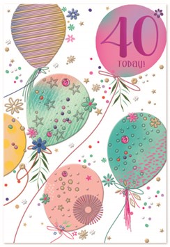 Age 40 Female Birthday Card - 40th Birthday Pink Green Foil Balloons 7.5"x5.25"