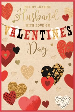 Husband Valentine's Day Card -Red Black White Hearts with Gold Foil 9x6"