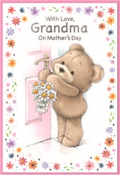 Grandma Mother's Day Card - Cute Bear at Door with Daisy Flowers Foil 7.5x5.25"