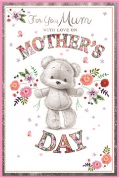 Mum Mother's Day Card - Grey Bear with Flowers and Silver Foil Border 9x6"