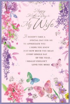 Wife Mother's Day Card - Pink Lilac Flowers Butterflies Silver Foil Verse 9x6"