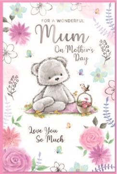 Mum Mother's Day Card - Bear with Flowers Bird Butterflies and Silver Foil 9x6"