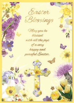 Easter Religious Blessings Card - Yellow Purple Flowers with Cross and Foil 7x5"