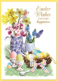 Easter Greetings Card - Decorated Eggs Flowers in Jugs with Gold Foil 7.5"x5.25" Easter Greetings Card - Decorated Eggs Flowers in Jugs with Gold Foil 7.5"x5.25"