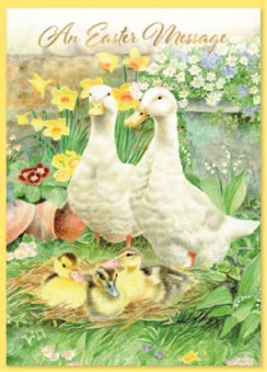 Happy Easter Card - Ducks and Ducklings with Flowers in Garden Gold Foil 7x5"