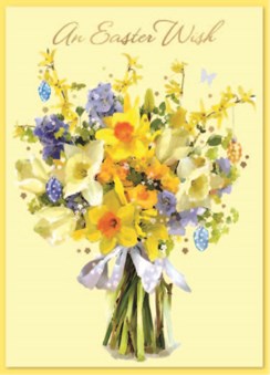 Easter Wishes Card - Spring Daffodils Blue Flowers with Gold Foil Writing 7x5"
