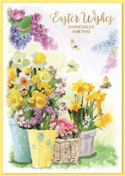 Happy Easter Card - Spring Flower Plant Pots & Butterflies Gold Foil 7.5x5.25"
