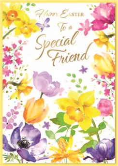 Friend Easter Card - Yellow Pink Lilac Spring Flowers with Gold Foil 7.5x5.25"