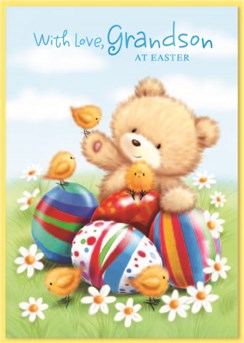 Grandson Easter Card - Bear with Colourful Eggs Chicks Daisies & Blue Foil 7x5"