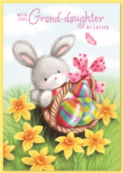 Granddaughter Easter Card - Bunny with Eggs in Basket Daffodils & Pink Foil 7x5"