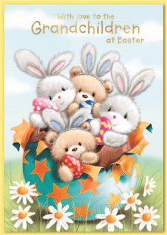 Grandchildren Easter Card - Bunny's in Egg with Daisies and Gold Foil 7.5x5.25"
