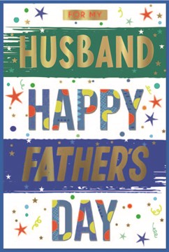Husband Father's Day Card - Green Blue Stripes with Stars Spots & Gold Foil 9x6"