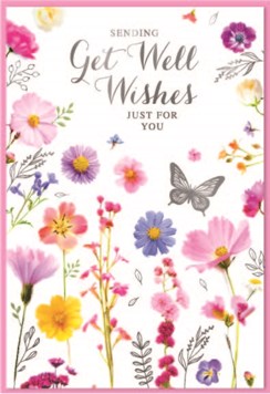 Get Well Soon Greetings Card - Butterflies Flowers with Silver Foil 7.75x5.25"