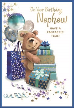 Nephew Birthday Card - Brown Bear Presents Balloons and Gold Foil 7.75x5.25"