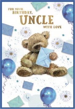 Uncle Birthday Card - Bear with Envelope Blue Balloons Stars Gold Foil 7.75x5.25