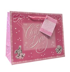 Medium Christening Girl Gift Bag - Landscape Pink Background & Grey Rabbits 9x7"
