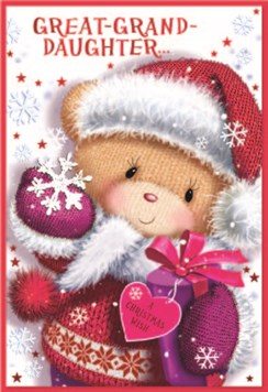 Great Granddaughter Christmas Card - Brown Bear Hat and Scarf Red Foil 7.5x5.25"