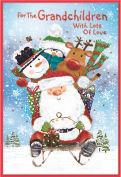 Grandchildren Christmas Card - Santa and Friends on Sledge with Red Foil 7.5x5.5