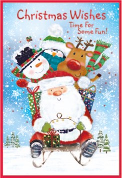 Open Christmas Card - Santa and Friends on Sledge with Red Foil 7.5x5.25 Open Christmas Card - Santa and Friends on Sledge with Red Foil 7.5x5.25
