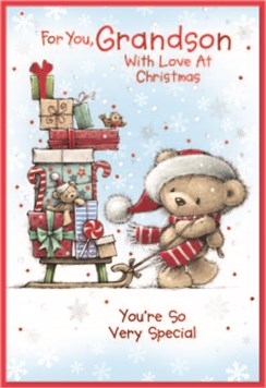 Grandson Christmas Card -Bear in Hat sleigh and Presents Red Foil 7.5 x 5.5" Grandson Christmas Card -Bear in Hat sleigh and Presents Red Foil 7.5 x 5.5"