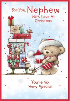 Nephew Christmas Card - Bear in Hat Sleigh and Presents with Red Foil 7.5x5.25"