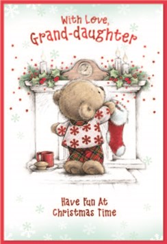 Granddaughter Christmas Card - Bear Hanging Stocking Fireplace Red Foil 7.5x5.25