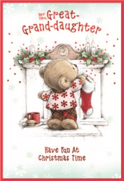 Great Granddaughter Christmas Card - Bear Fireplace Stocking red Foil 7.5x5.25