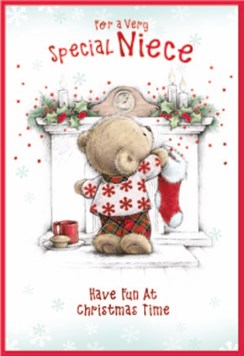 Niece Christmas Card - Bear Hanging Stocking Fireplace Red Foil 7.5x5.25"