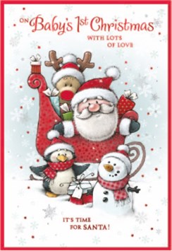 Baby's First Christmas Card - Santa & Friends in Sleigh with Red Foil 7.5x5.5"
