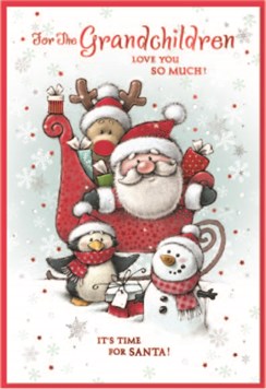 Grandchildren Christmas Card - Santa & Friends in Sleigh with Red Foil 7.5x5.5"