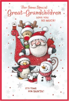 Great Grandchildren Christmas Card - Santa & Friends in Sleigh Red Foil 7.5x5.25