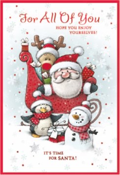 All Of You Christmas Card - Santa & Friends in Sleigh with Red Foil 7.5x5.5"